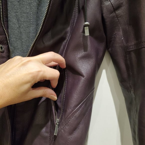 Danier leather eggplant purple moto jacket with hoody and lining. - Picture 3 of 5